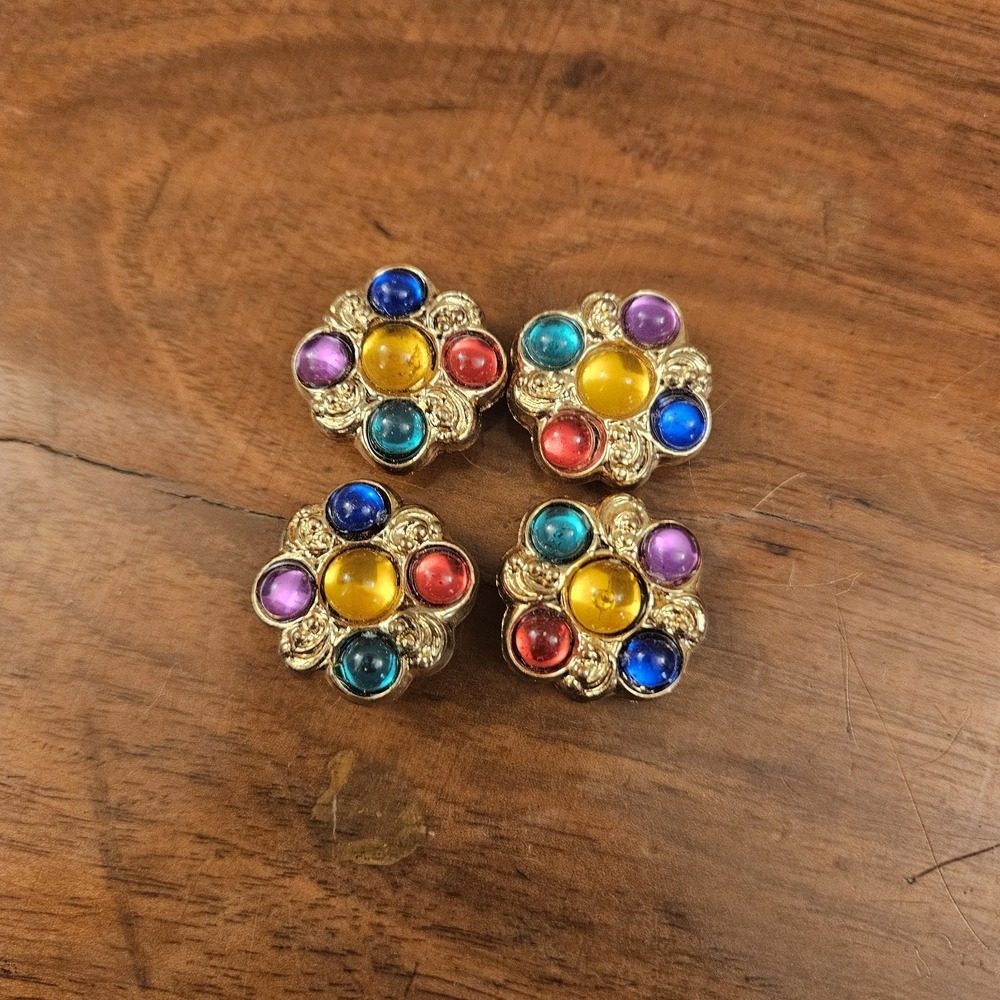 Vintage Ornate Button Covers Faux Stone Set of 4 Goldtone Metal Plastic Colorful